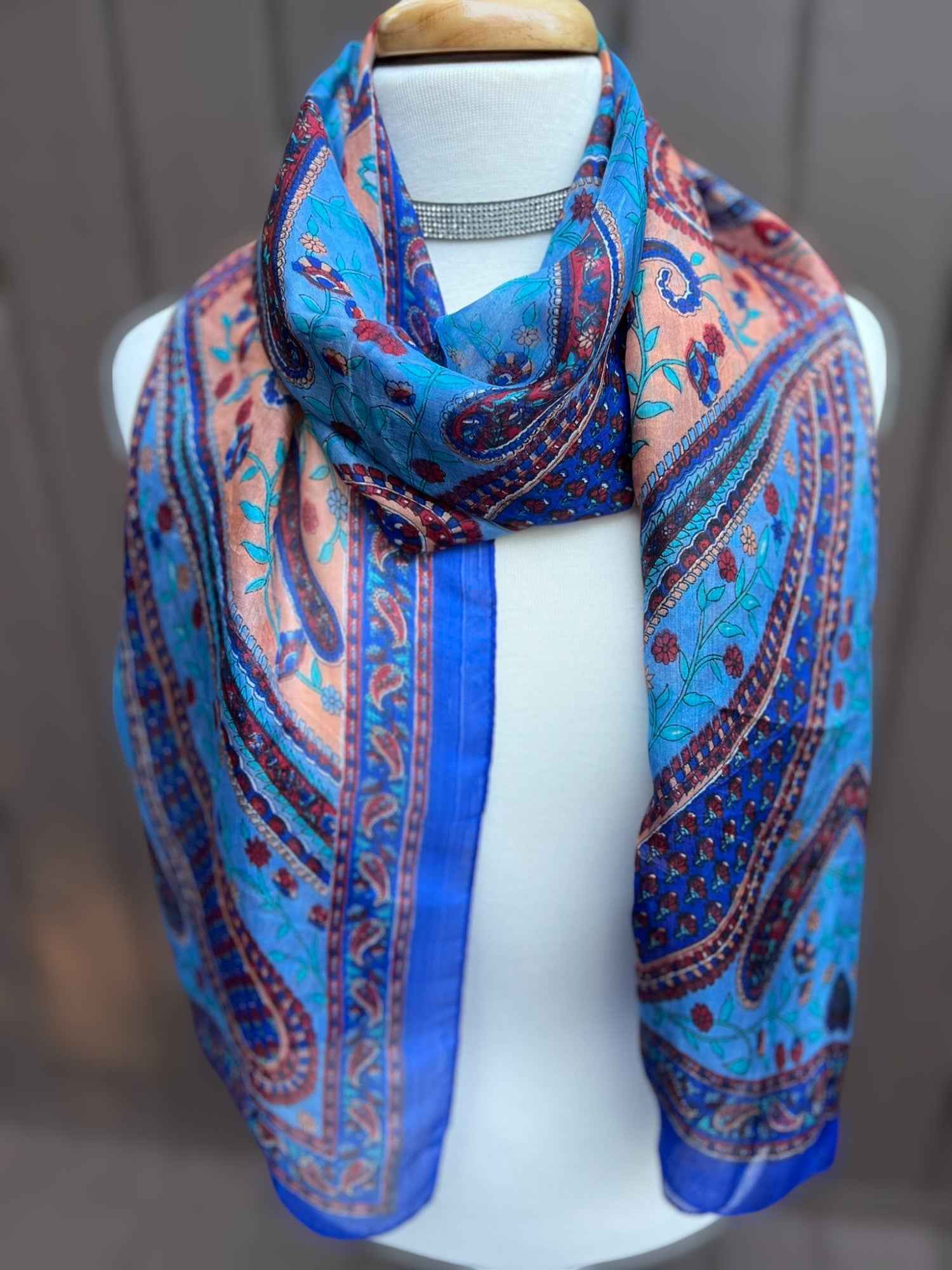 Blue and Peach Silk Scarf